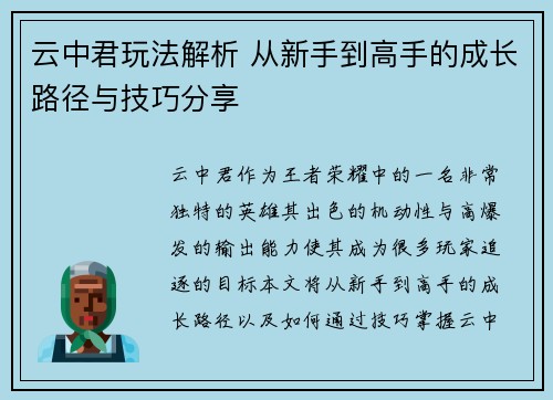 云中君玩法解析 从新手到高手的成长路径与技巧分享